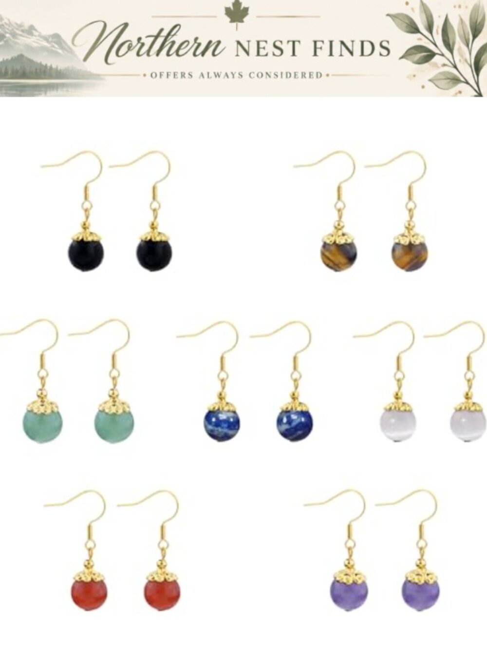Handmade Genuine Stone Beaded Dangle Earrings 7 Pairs Chakra Healing Crystal